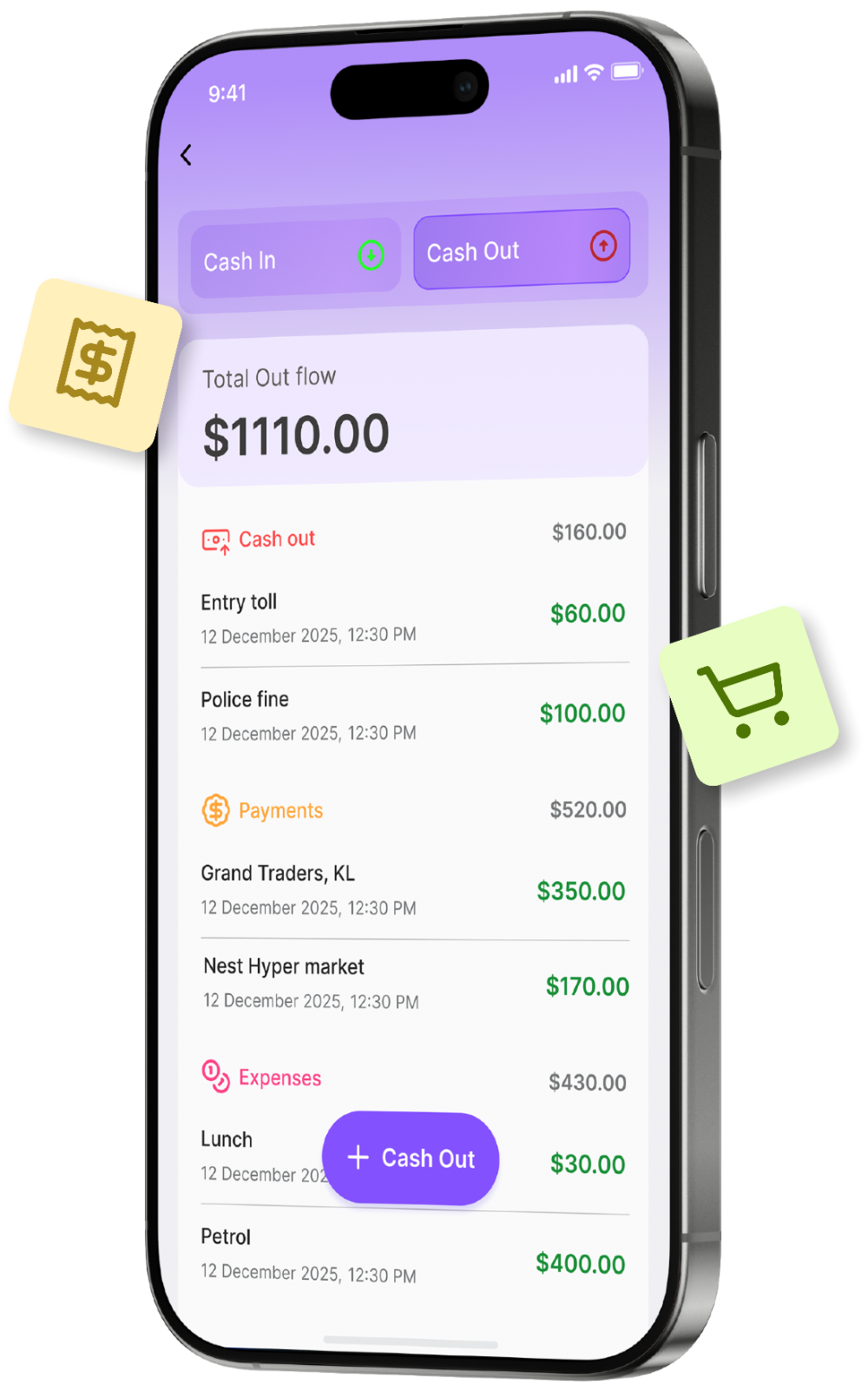 Cashlox cash-out screen with expense categories
