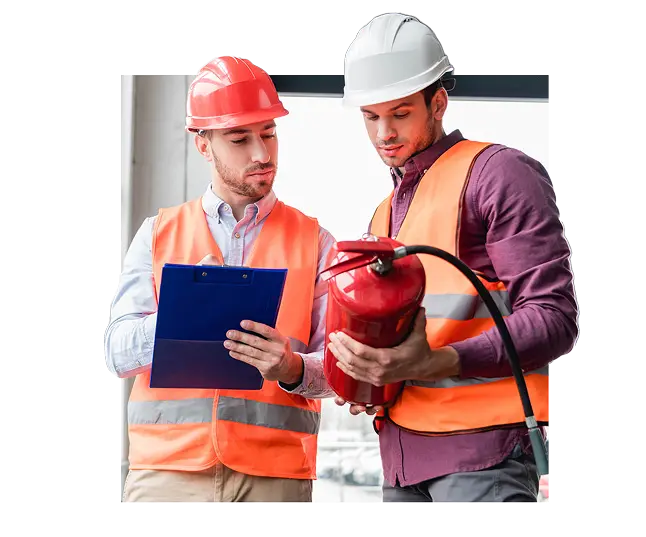 Fire safety technicians reviewing a job on a tablet