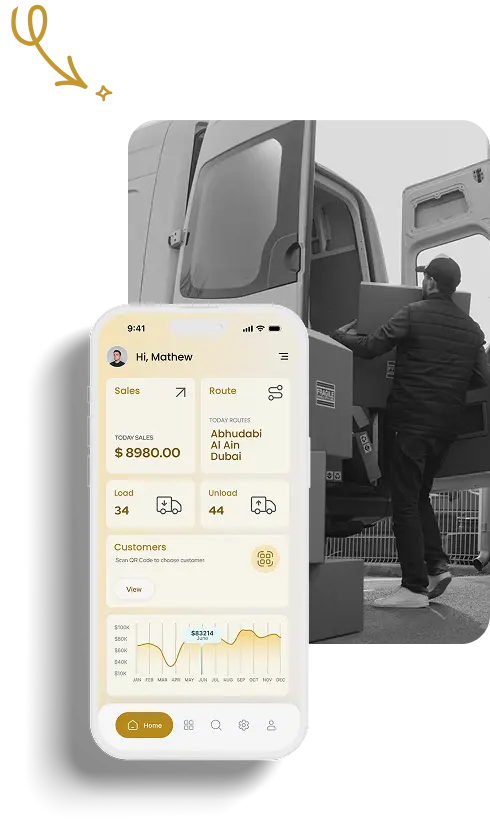 Van sales mobile app dashboard beside a delivery van