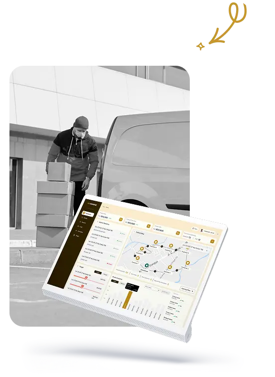 Supervisor web portal with route map beside a delivery worker