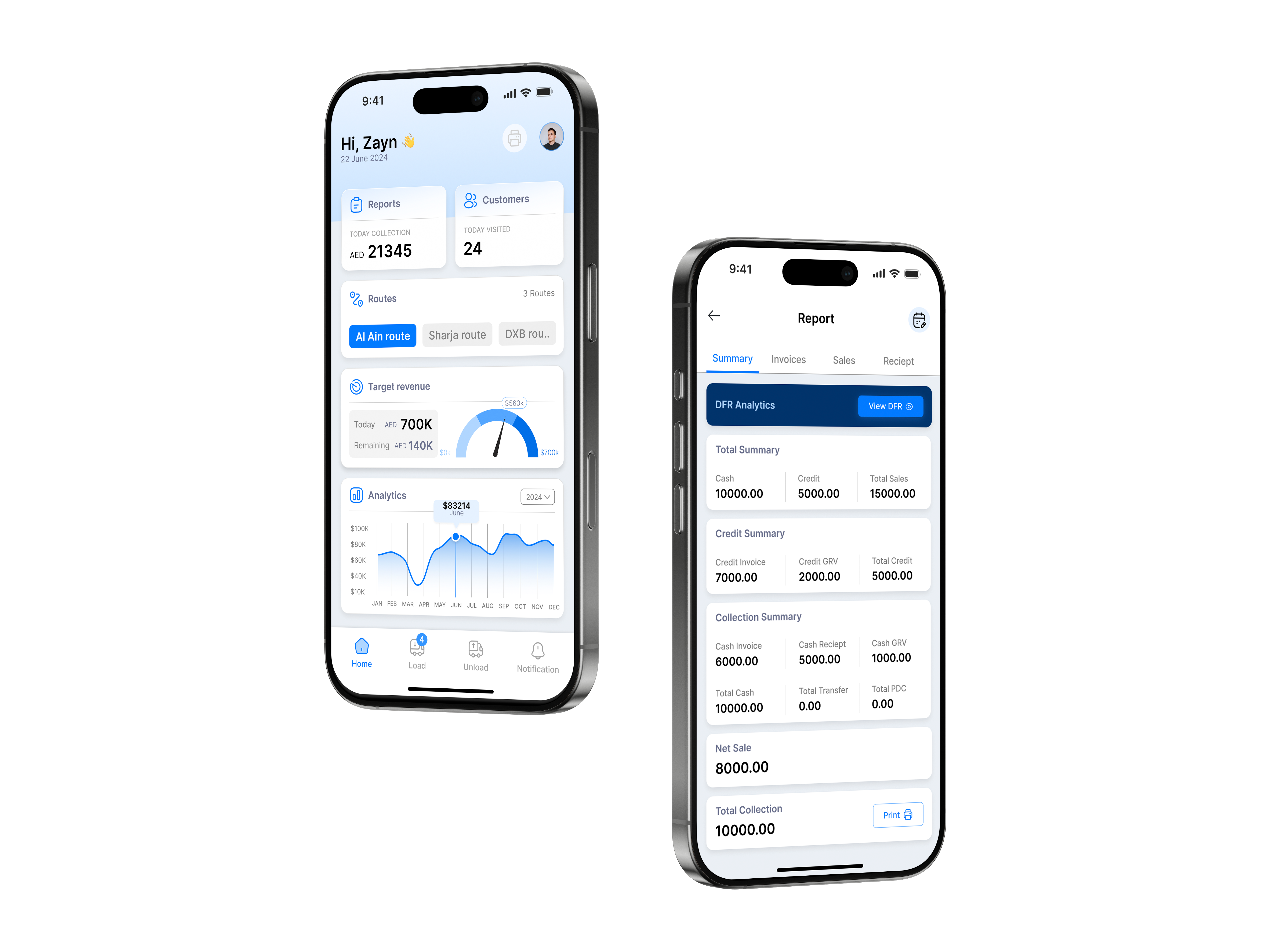 Nellara sales app — home and daily report screens